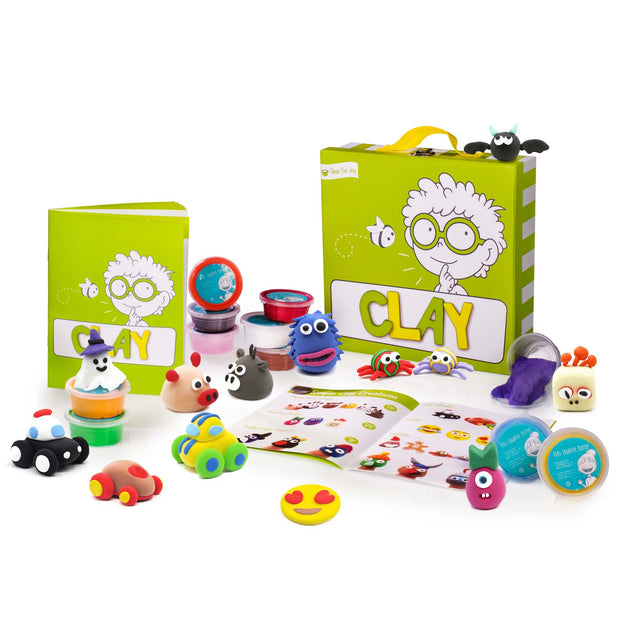 Open the Joy clay set with tubs of clay and clay creation alongside instruction book and carrying case