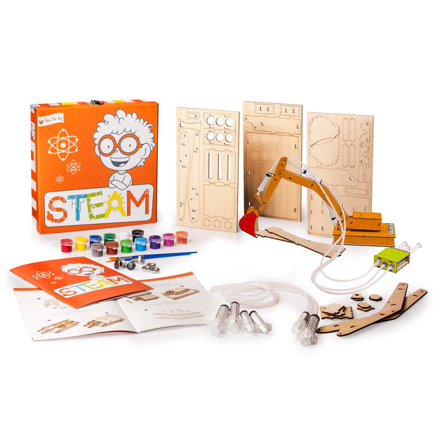 Open the Joy Science Technology Engineering Art and Math activity kit for boys and girls to learn about hydraulics with this educational build it yourself activity